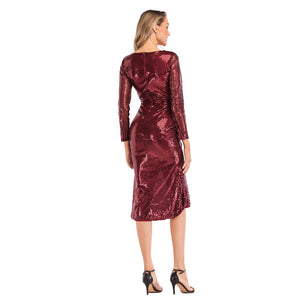 Sequins Long Sleeve Wrap Party Dress