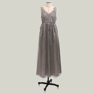 Grey Applique Mesh Evening Dress