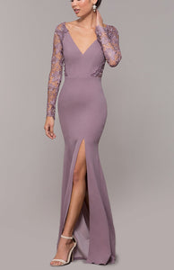 Deep-V Sexy Slit Mermard Evening Dress with Lace Sleeves