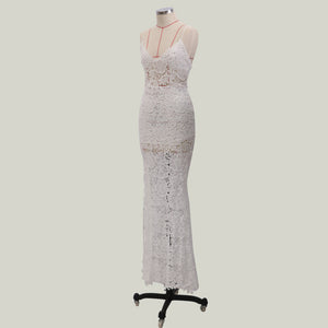 White Lace Straps Slit Evening Dress