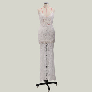 White Lace Straps Slit Evening Dress