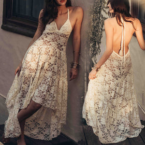 White Lace Backless Halter Evening Dress