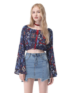 Simple Fhion Off-The-Shoulder Long Flared Sleeve Printed Top