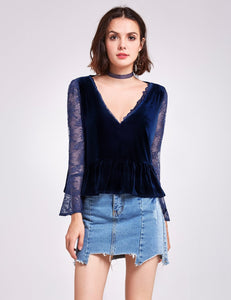 Long Sleeve Lace & Velvet Top