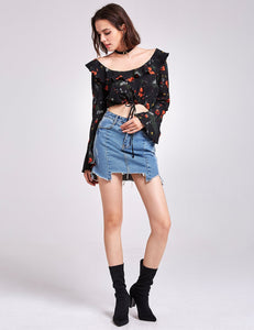 Long Sleeve Floral Print Retro Crop Top