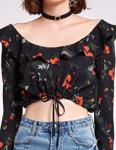 Long Sleeve Floral Print Retro Crop Top