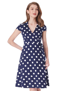 Vintage Polka Dot V neck Short Sleeve  Dresses