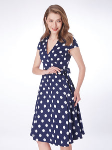 Vintage Polka Dot V neck Short Sleeve  Dresses