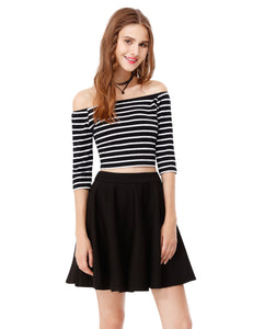 Fhionable Striped Off-The-Shoulder Half Sleeve Short Cual Dress