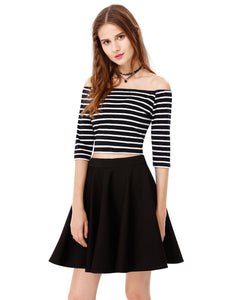 Fhionable Striped Off-The-Shoulder Half Sleeve Short Cual Dress