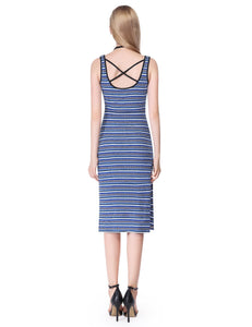 Simple Round Neck Fitted Slit Striped Cual  Dress