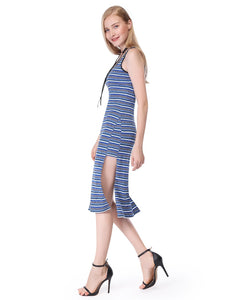 Fitted Slit Striped Casual Dress