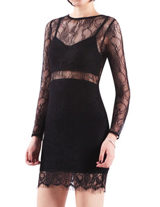 Sexy Round Neck Long Sleeve Lace Cual Dress