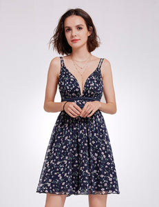 V Neck Printed Open Back Short Party Dress