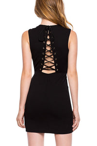 V-neck lace-up sleeveless knit dress