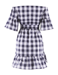 Fhionable off-the-shoulder Medium Flare Sleeve Plaid Cual Dress