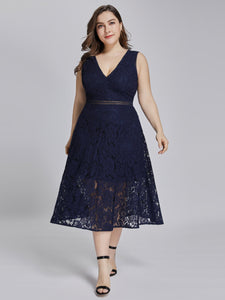 V-neck Knee-length Hollow Out Lace Dress