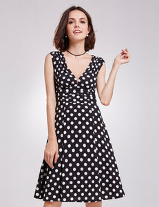 Vintage Printed V-neck  High Waist A-line  Polka Dot Dress