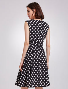 Vintage Printed V-neck  High Waist A-line  Polka Dot Dress