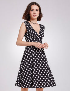 Vintage Printed V-neck  High Waist A-line  Polka Dot Dress