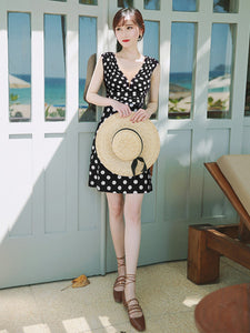 Vintage Printed V-neck  High Waist A-line  Polka Dot Dress