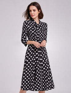 Vintage Printed Front Bowknot  Buttons A-line  Polka Dot Dress