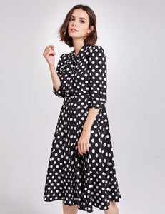 Vintage Printed Front Bowknot  Buttons A-line  Polka Dot Dress