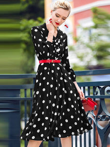 Vintage Printed Front Bowknot  Buttons A-line  Polka Dot Dress