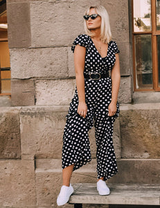 Vintage s  V-neck Wr C Sleeve Polka Dot Printed Jumpsuit