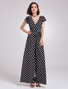 Vintage s  V-neck Wr C Sleeve Polka Dot Printed Jumpsuit