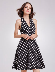 Vintage s  V-neck Lel Shirt Collor Sleeveless Polka Dot Printed Dress