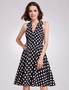 Vintage s  V-neck Lel Shirt Collor Sleeveless Polka Dot Printed Dress