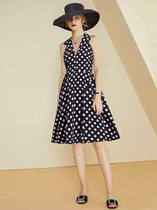 Vintage s  V-neck Lel Shirt Collor Sleeveless Polka Dot Printed Dress