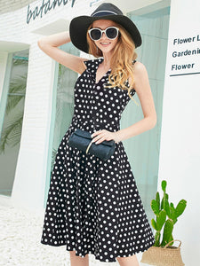 Vintage s  V-neck Lel Shirt Collor Sleeveless Polka Dot Printed Dress