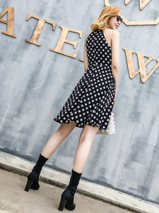 Vintage s  V-neck Lel Shirt Collor Sleeveless Polka Dot Printed Dress