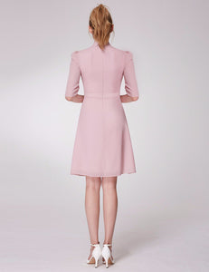 Short  Pink  Bow Tie Half Sleeve Pleated Shirt Dresses