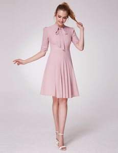 Short  Pink  Bow Tie Half Sleeve Pleated Shirt Dresses