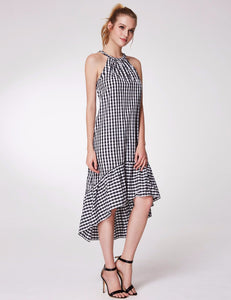 Cute Fhion Halter Sleeveless High Low Layered Slim Plaid Dress