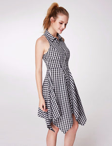 Vintage Button Checked Sleeveless Cual Plaid Shirt Dress