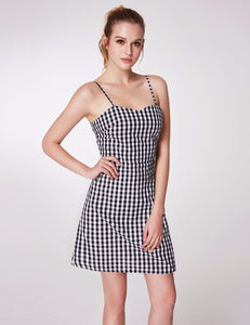 Black-White Plaid Bowknot Backless Spaghetti Str Square Neck Cute Mini Dress