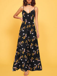 V-Neck Sleeveness Floral Printed Cual Dress