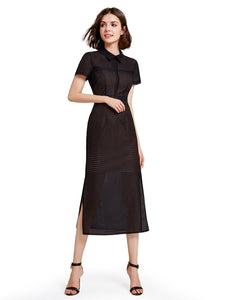 Short Sleeve Hollow Out Mesh Perspective Polo Callor Dress