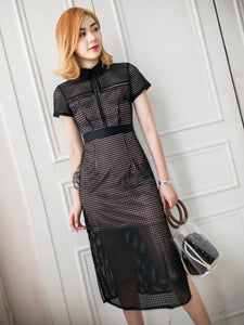 Short Sleeve Hollow Out Mesh Perspective Polo Callor Dress