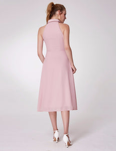 Pink Tea Length St&-up Collar Sleeveless Cual Dresses With Button