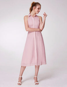 Pink Tea Length St&-up Collar Sleeveless Cual Dresses With Button