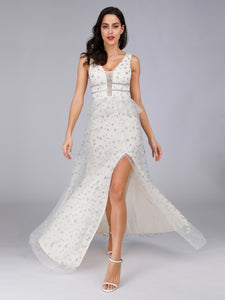 Star Print White Mesh Dresses with Side Split