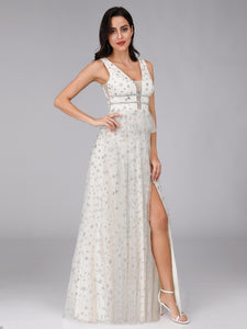 Star Print White Mesh Dresses with Side Split