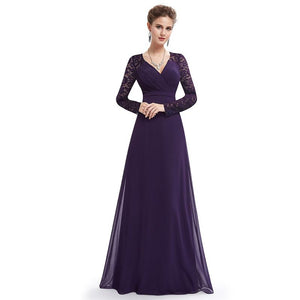 V-neck Long Sleeve Lace Chiffon Evening Party Dresses