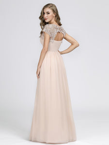 Lacey Neckline Open Back Ruched Bt Evening Dress