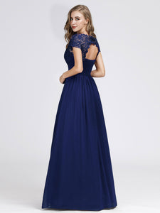 Lacey Neckline Open Back Ruched Bt Evening Dress